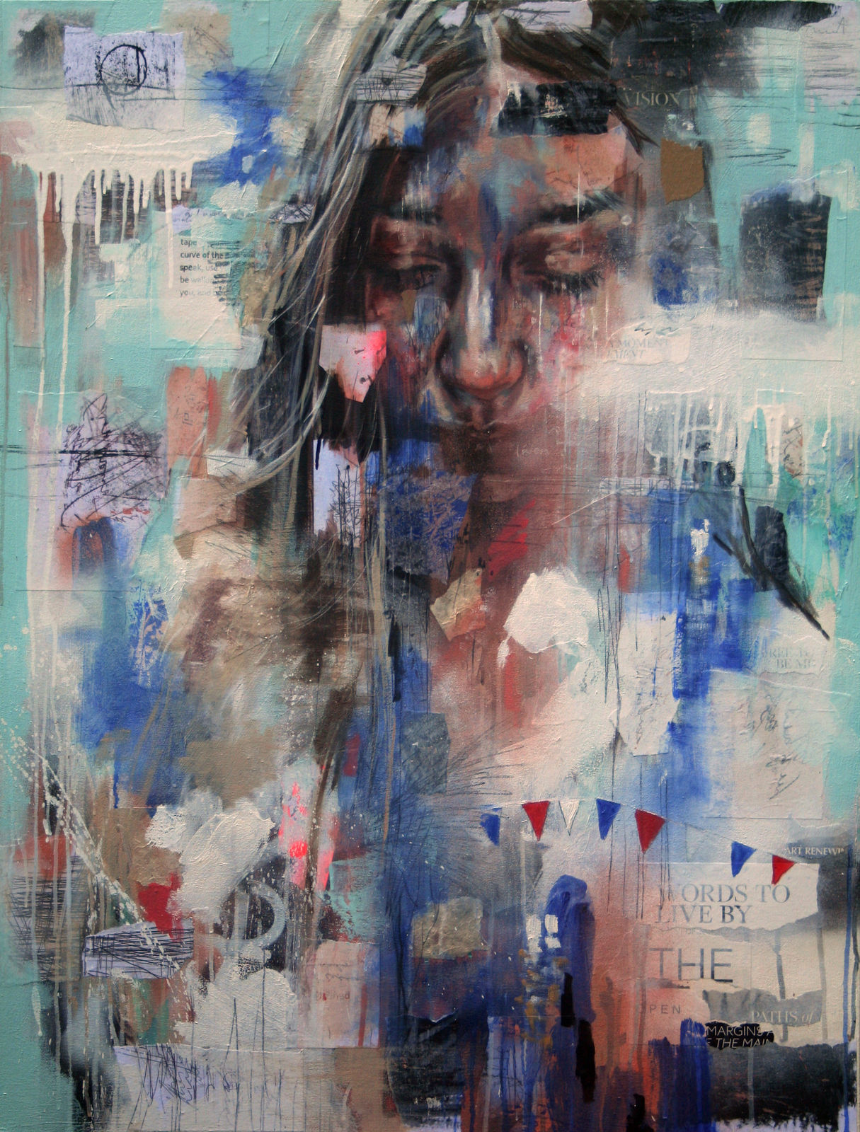 Original Painting with spray paint by British female artist Toni Codgell titled Wings in Motion, depicting a close-up of a women’s face with layers of blue tones with painted words and collaged images in a street art style. Turner Art Perspective, Essex Gallery.