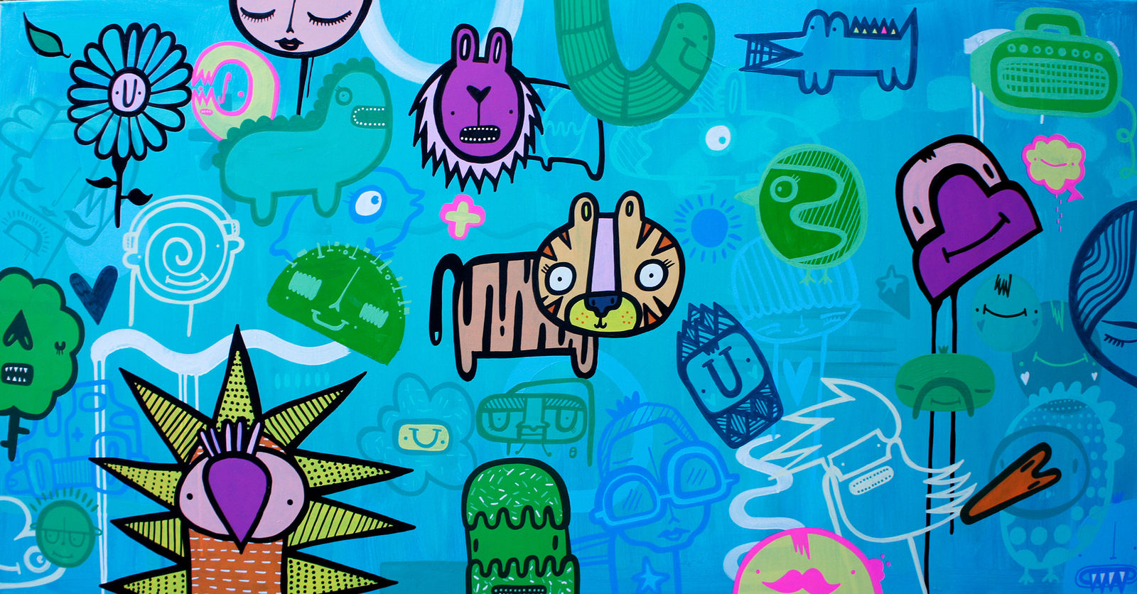 Blue and green cartoon street style art landscape painting