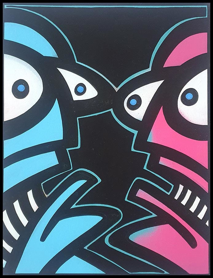 Galo, Artist, Aftershow, Original painting on board, Street art, Pink, Blue, Faces, Turner Art Perspective, Essex Chelmsford Art Gallery