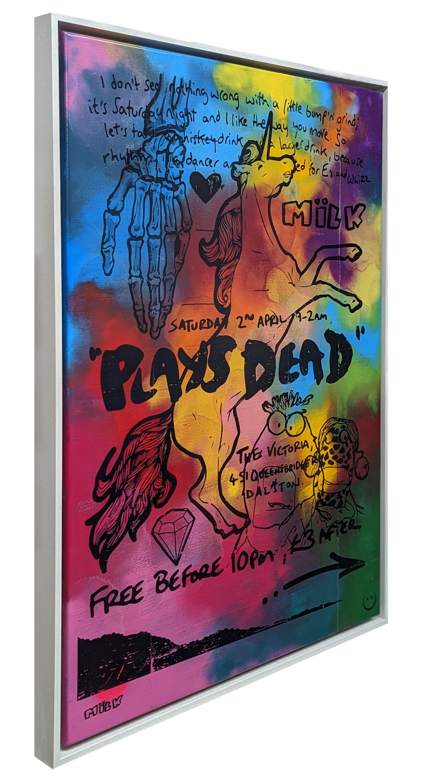 Lhouette, Andrew Milk, Artist, Collaboration, Plays Dead, Die Tie, Painted poster, Original art Paint on Panel, Framed, Turner Art Perspective Essex Art Gallery