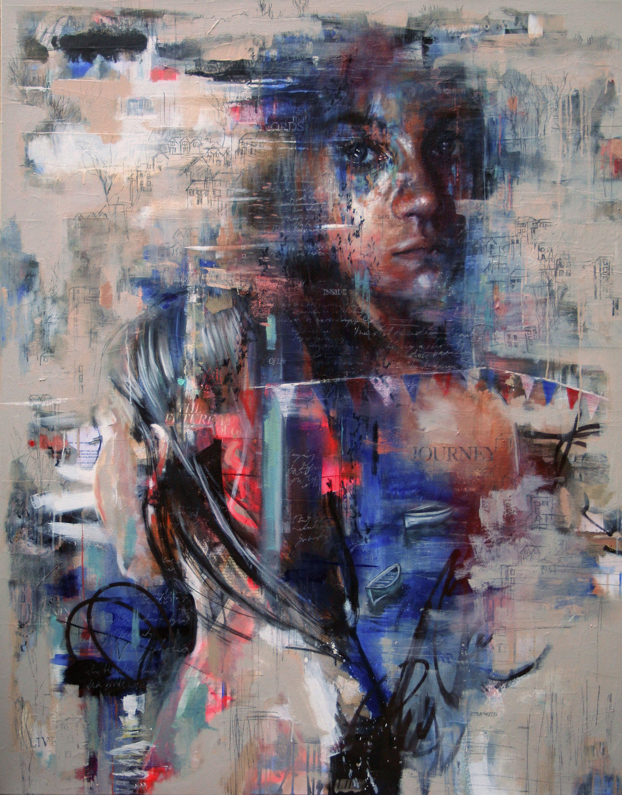 Original Painting with spray paint by British female artist Toni Codgell titled Two Paths, depicting a close-up of a women’s face with layers of blue, beige and pink pick tones with painted words and collaged images in a street art style. Turner Art Perspective, Essex Gallery.