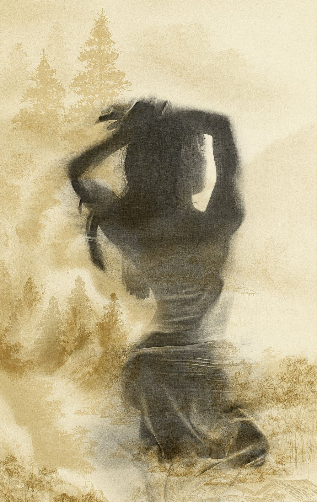Silhouette of woman in sepia forest