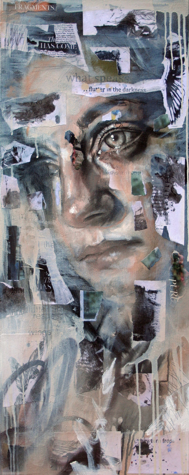 Original Painting with spray paint by British female artist Toni Codgell titled Finding Light a close-up of a women’s face with layers of blue tones in a street art style on a collage of newspaper print. Turner Art Perspective, Essex Gallery.