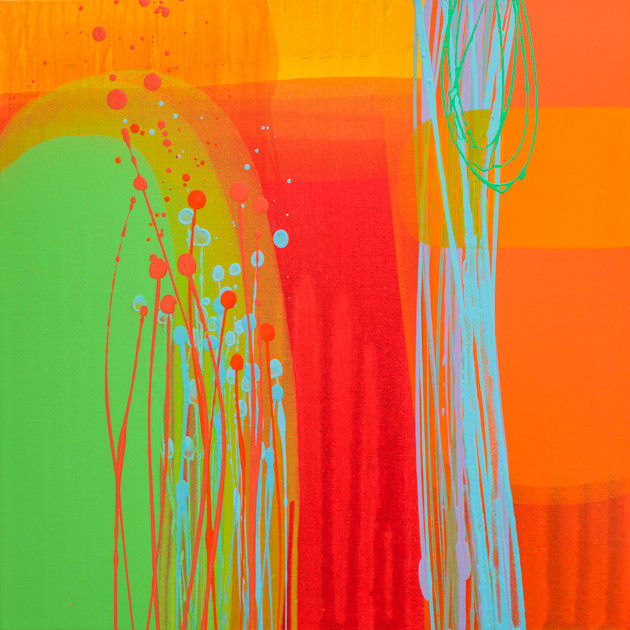 Charlotte Cornish, Artist, Chapters I, Acrylic on canvas, Orange, Green, Blue Neon, Turner Art Perspective, Essex Chelmsford Art Gallery