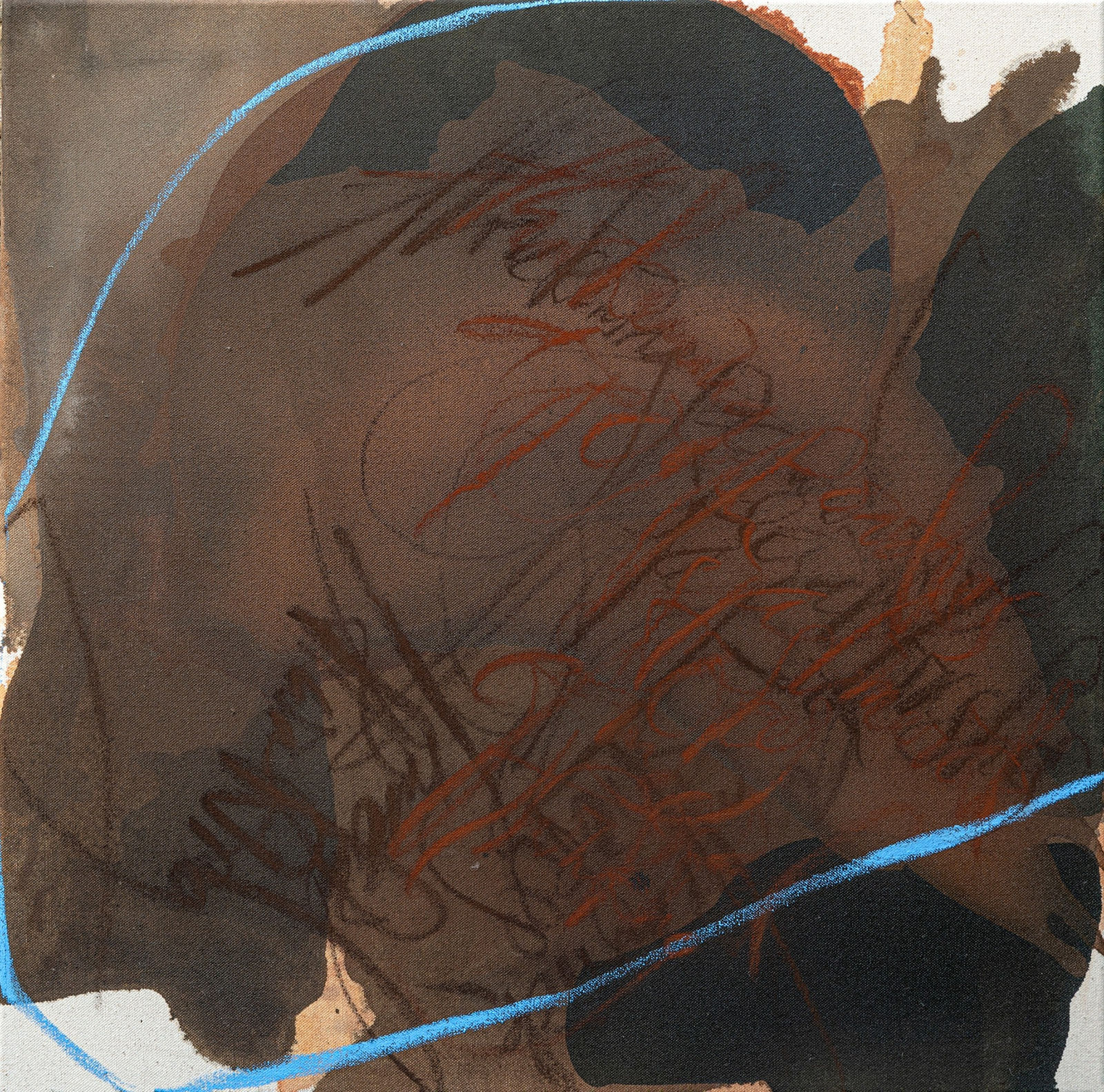 Abstract square painting by artist anika de souza depicting a brown soill mark with blue light and calligraphy. Turner Art Perspective, Essex Gallery