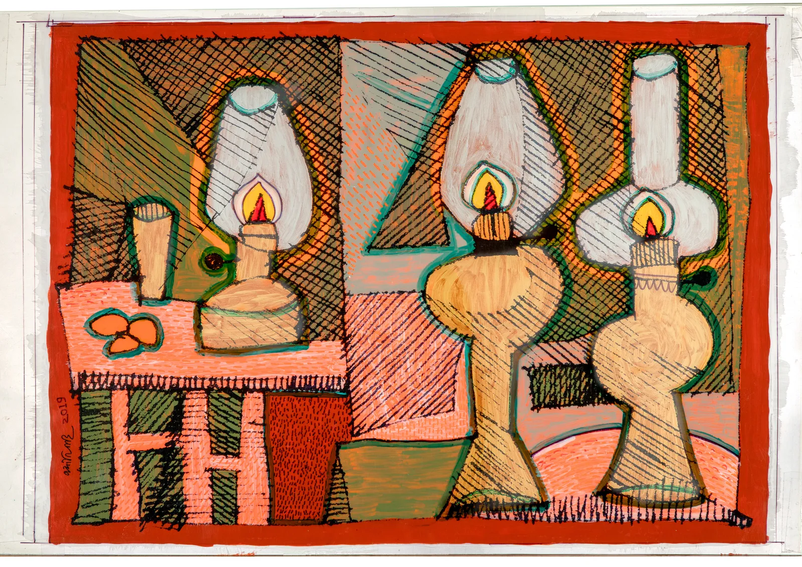 Jyoti Bhatt, Three Lamps, 2019