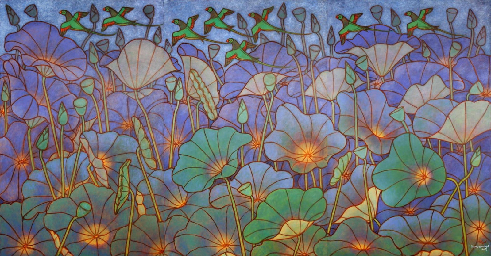 A. Ramachandran, Lotus pond in misty morning (Triptych ), 2017