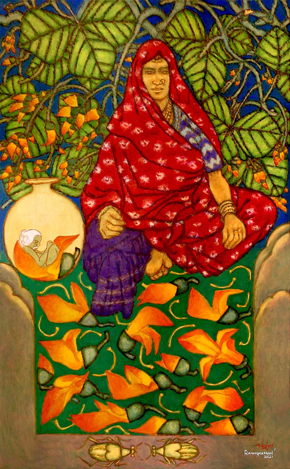 A. Ramachandran, Subaltern Nayika with Palash Flowers, 2021