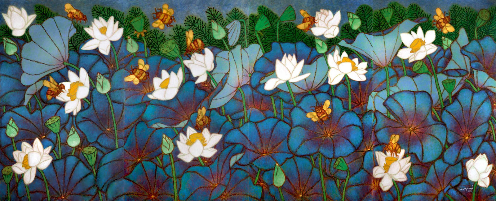 A. Ramachandran, Lotus Pond with Bumble Bee, 2021