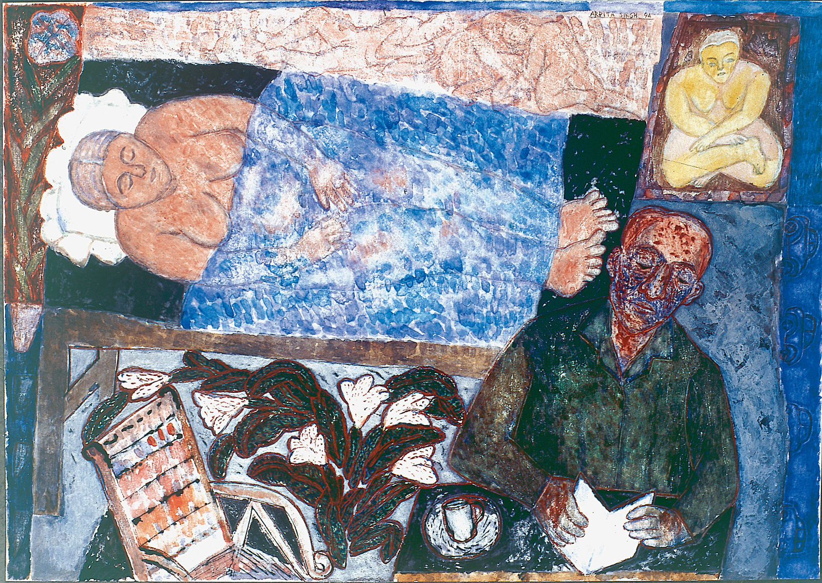 Arpita Singh, The blue water sheet, 1994