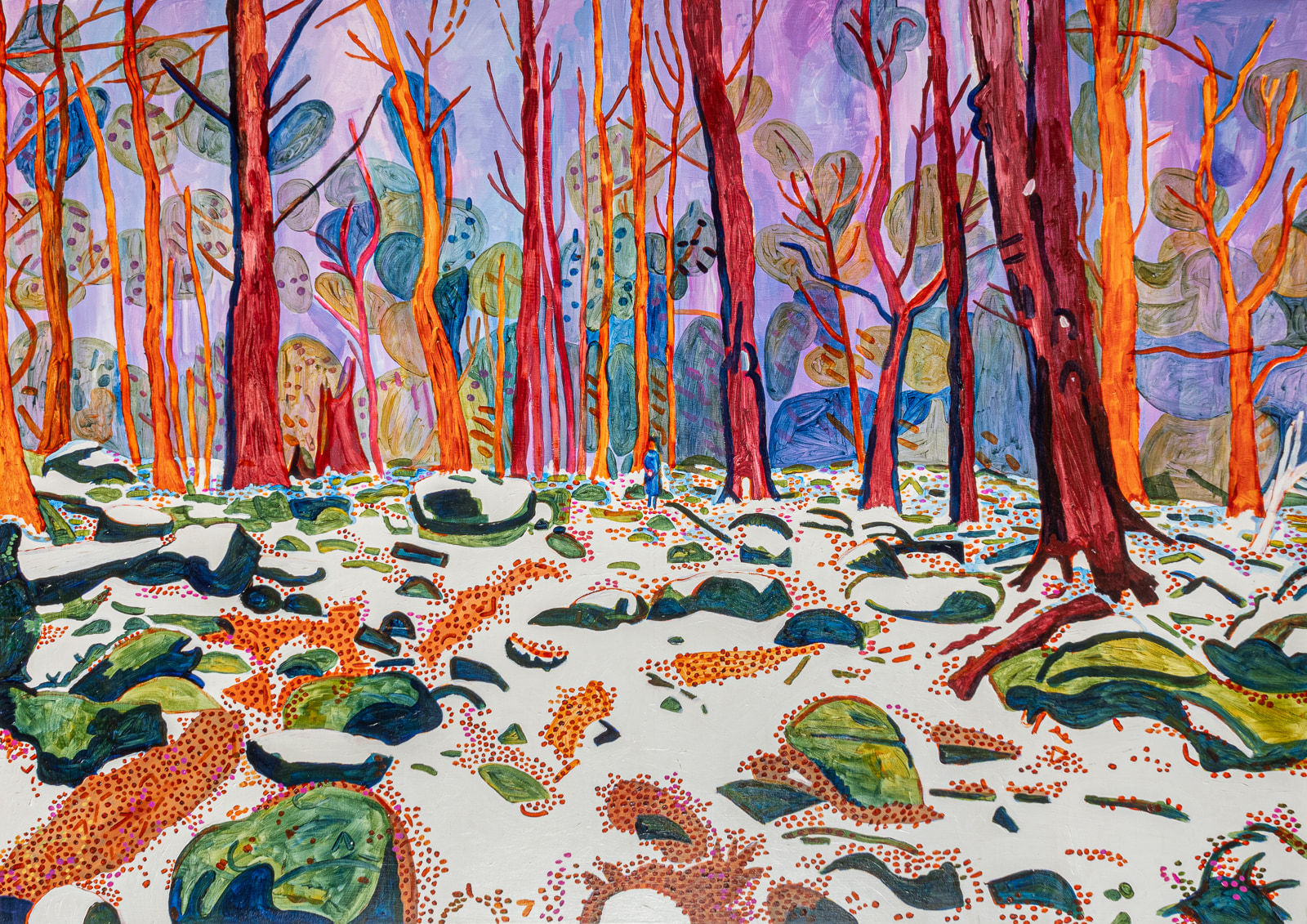 Phill Hopkins, Figure in a snow covered forest, 2021