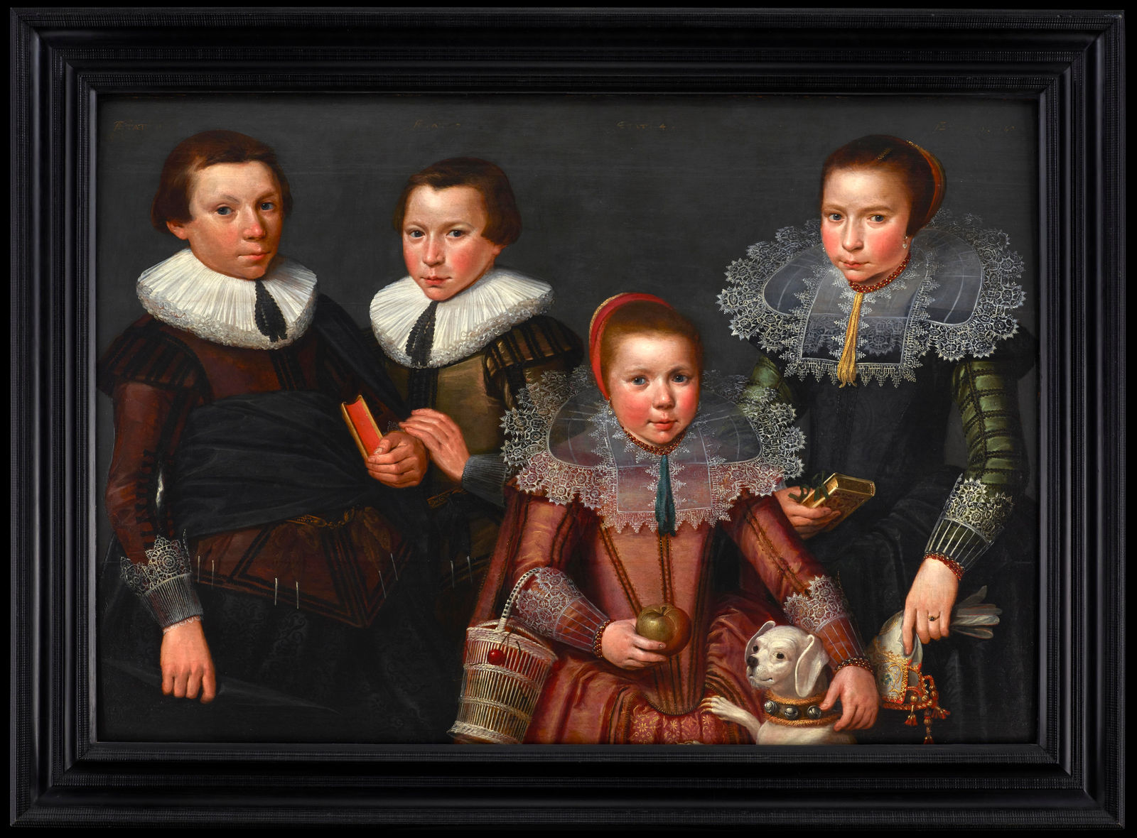 Attributed to Salomon Mesdach (d. before 1644), Four unknown siblings with their dog, Painted 1627