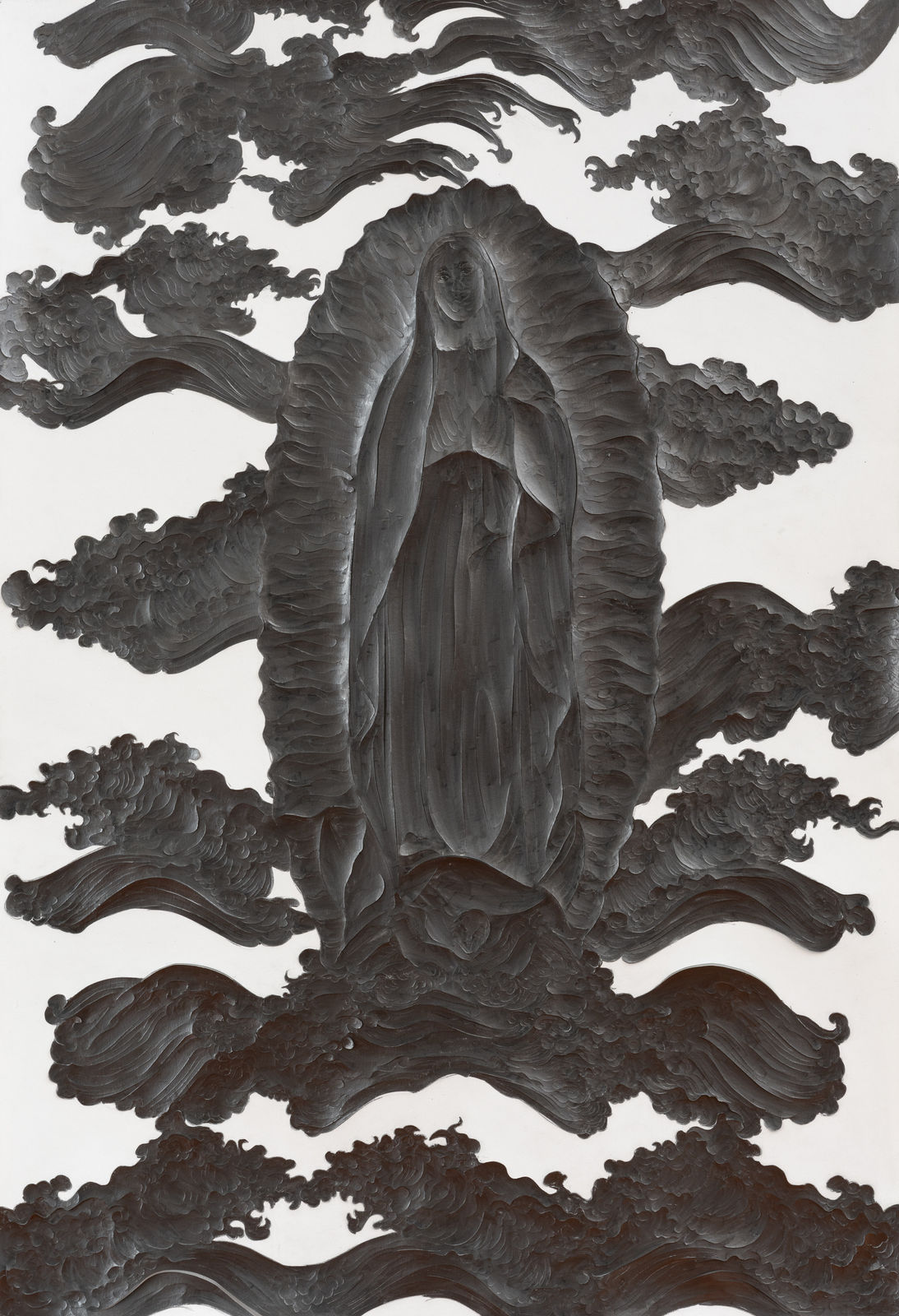 A black and white graphic artwork of graphite and paper, creating the illusion of thick texture. The subject is a Virgin Mary as a full-body form in the center, with clouds floating by in the background