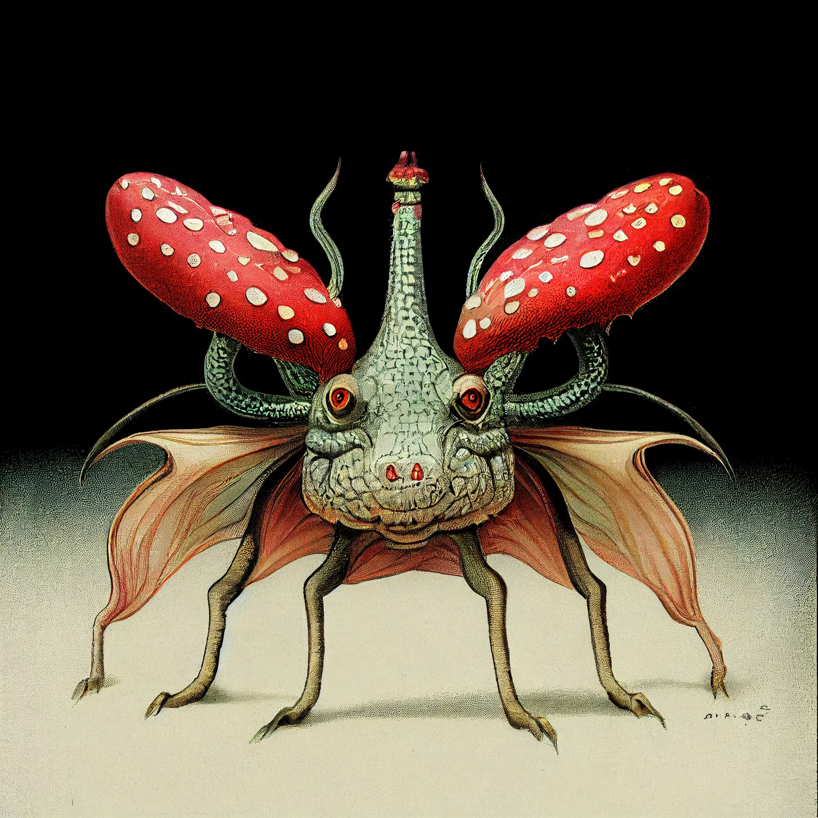 A surreal image of a dragon insect with red mushroom wings