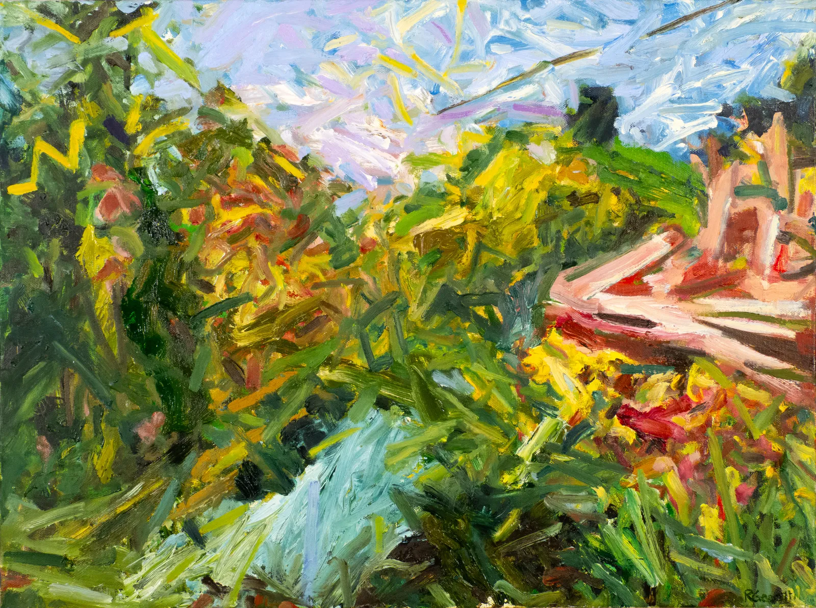 An abstract landscape with a river at the center