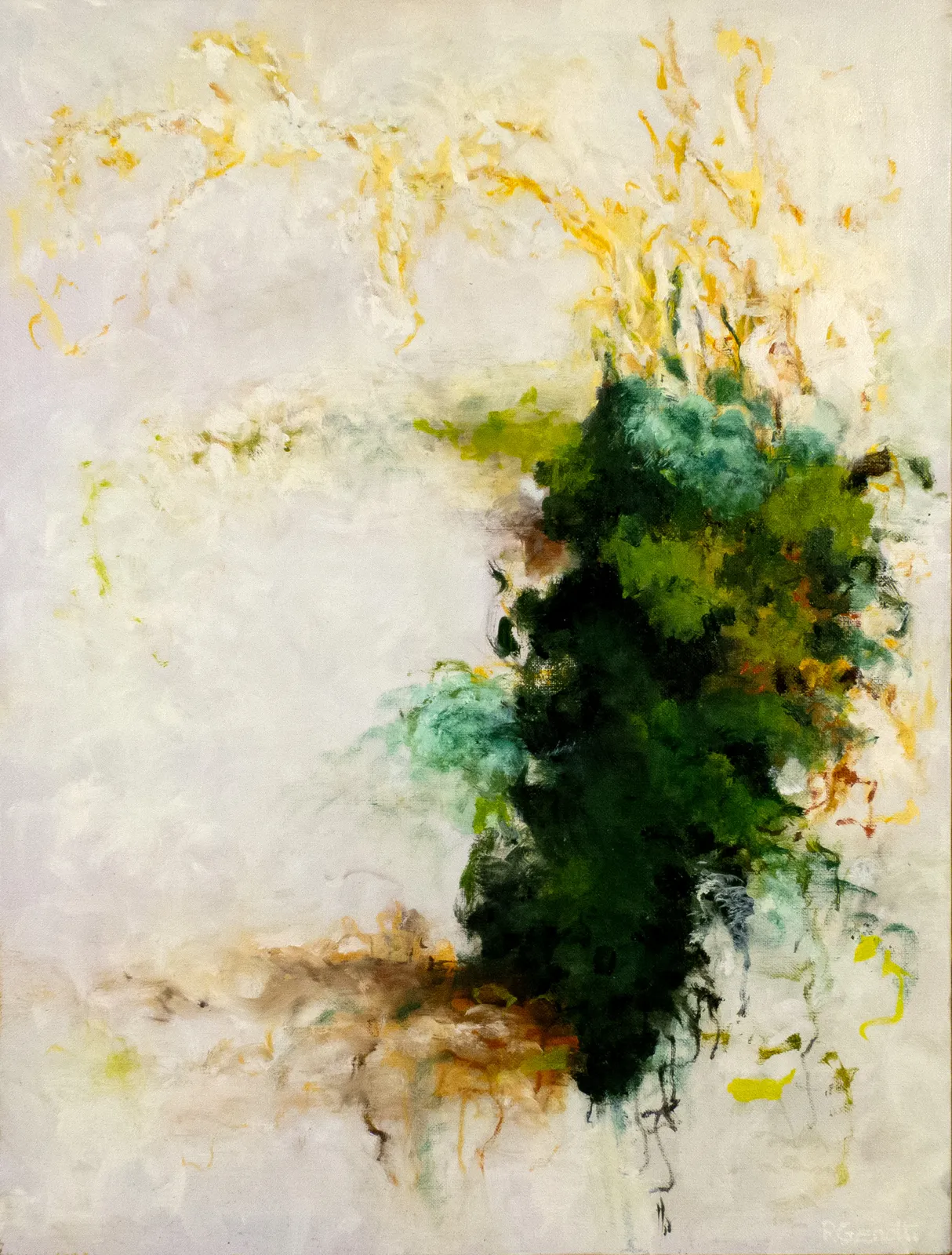 An abstract painting with a green mass on a cream background