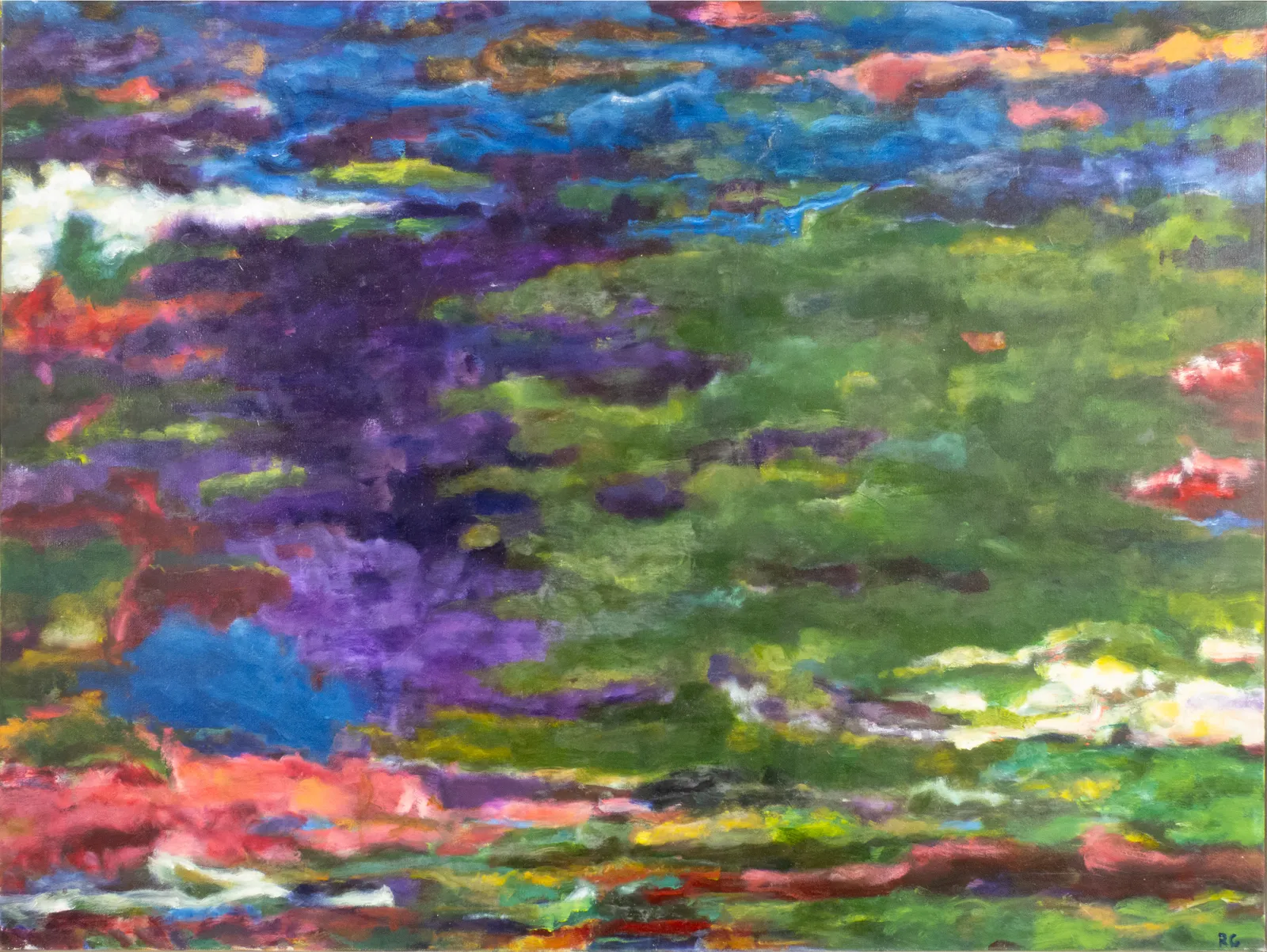 An abstract painting of purple, blue and green clouds