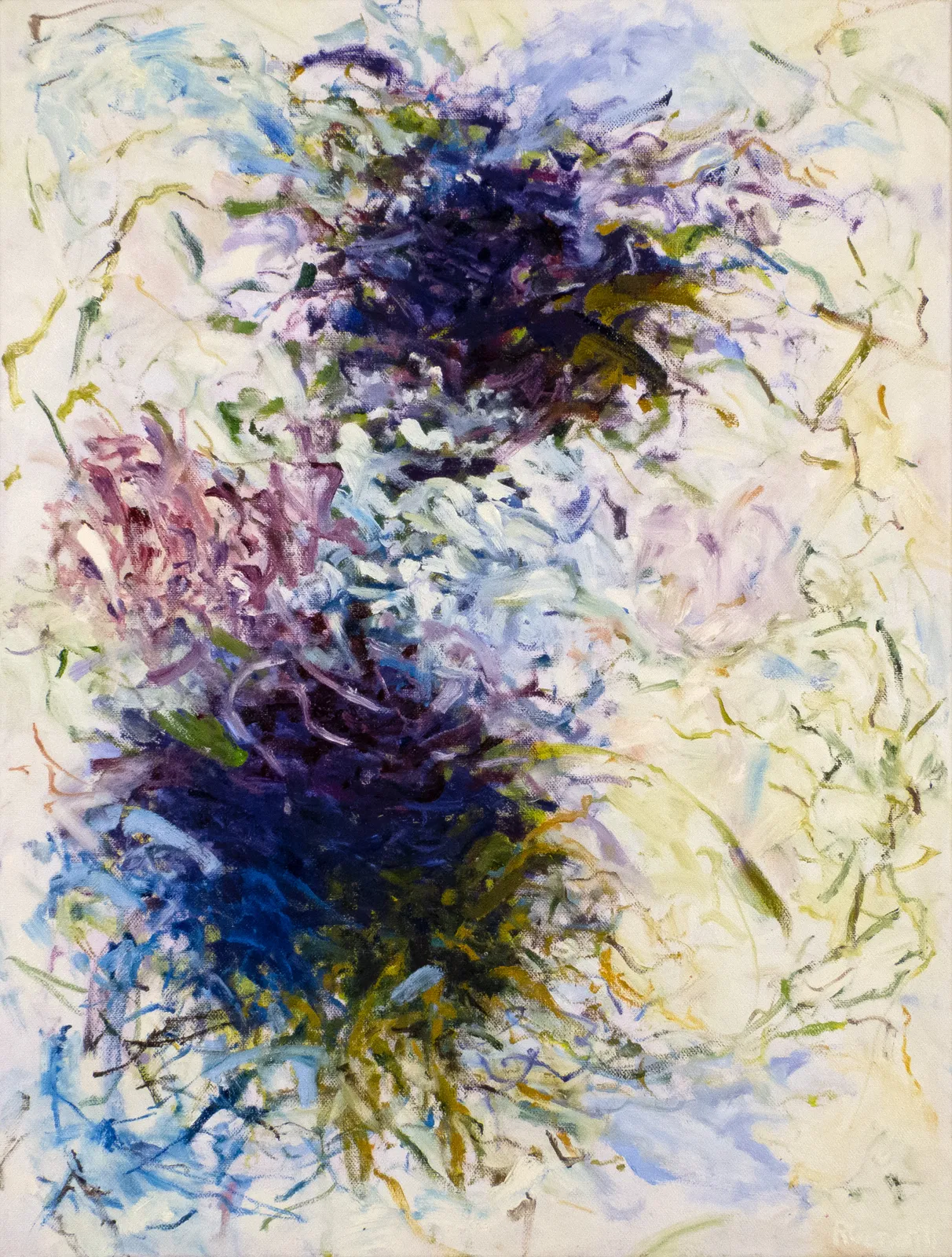 An abstract painting of two blue furry balls on a cream colored background