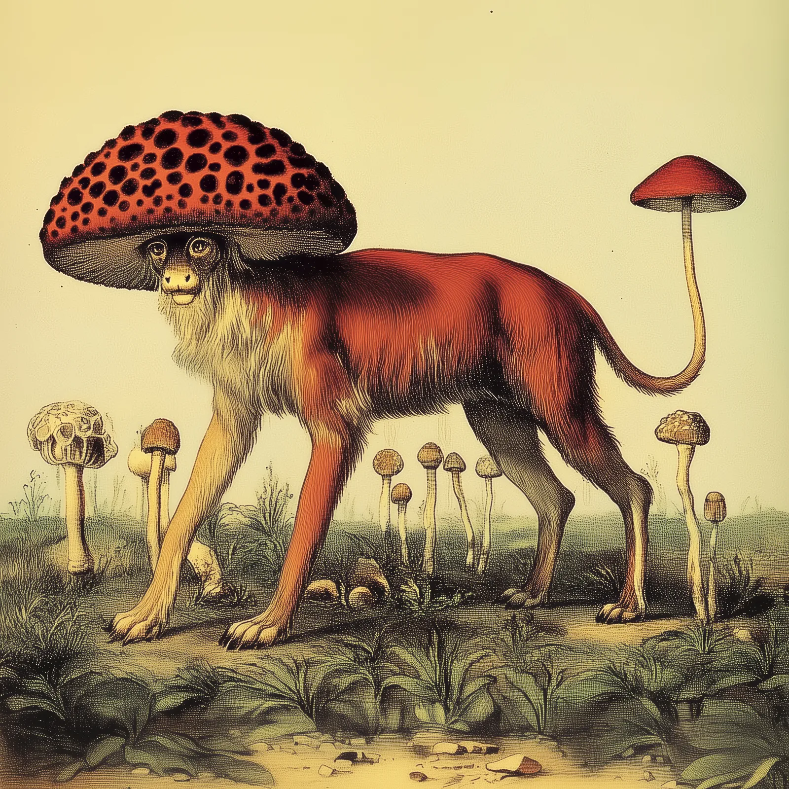 a surreal image of a lion with a red mushroom hat and a mushroom on his tail