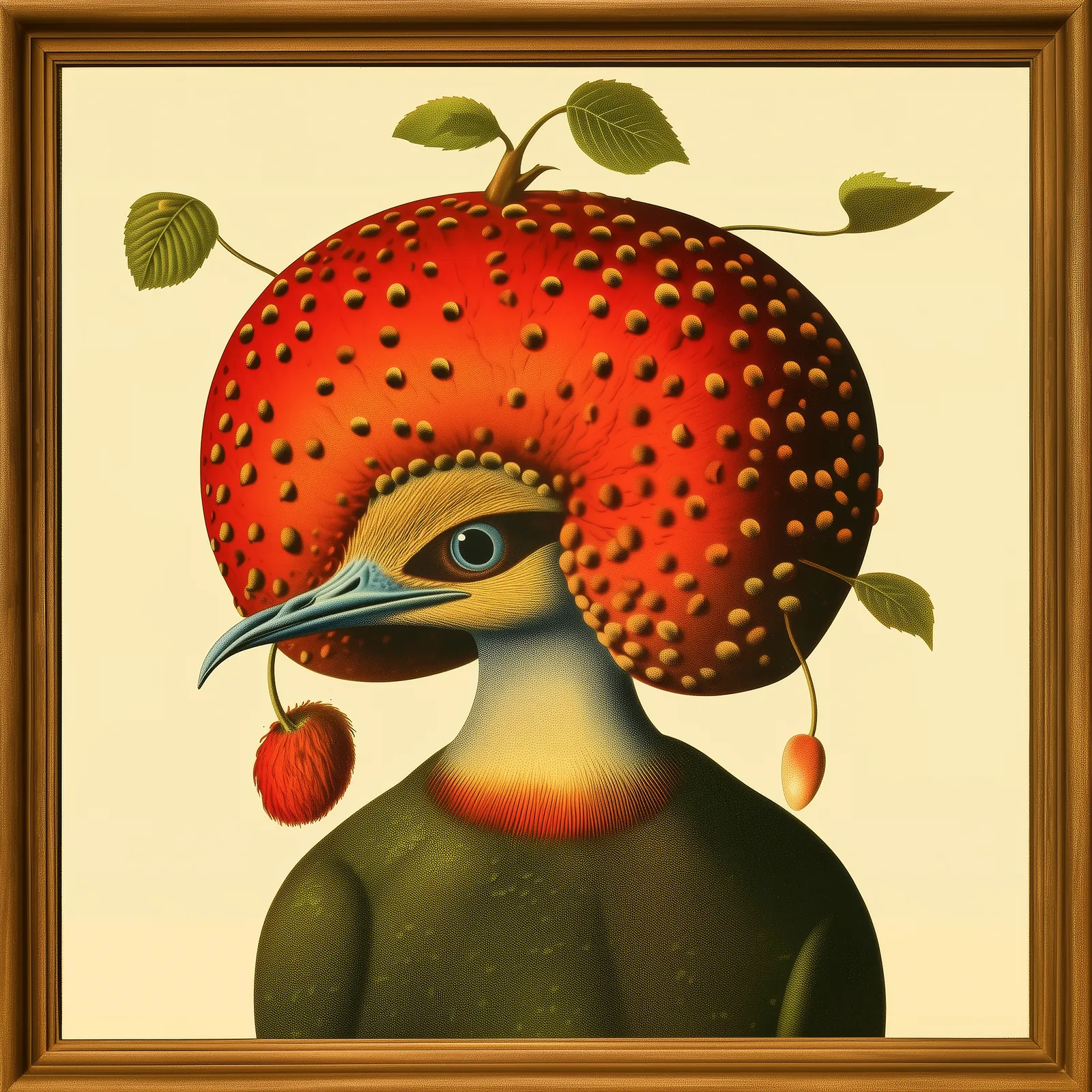 a surreal image of a bird with a red mushroom hat