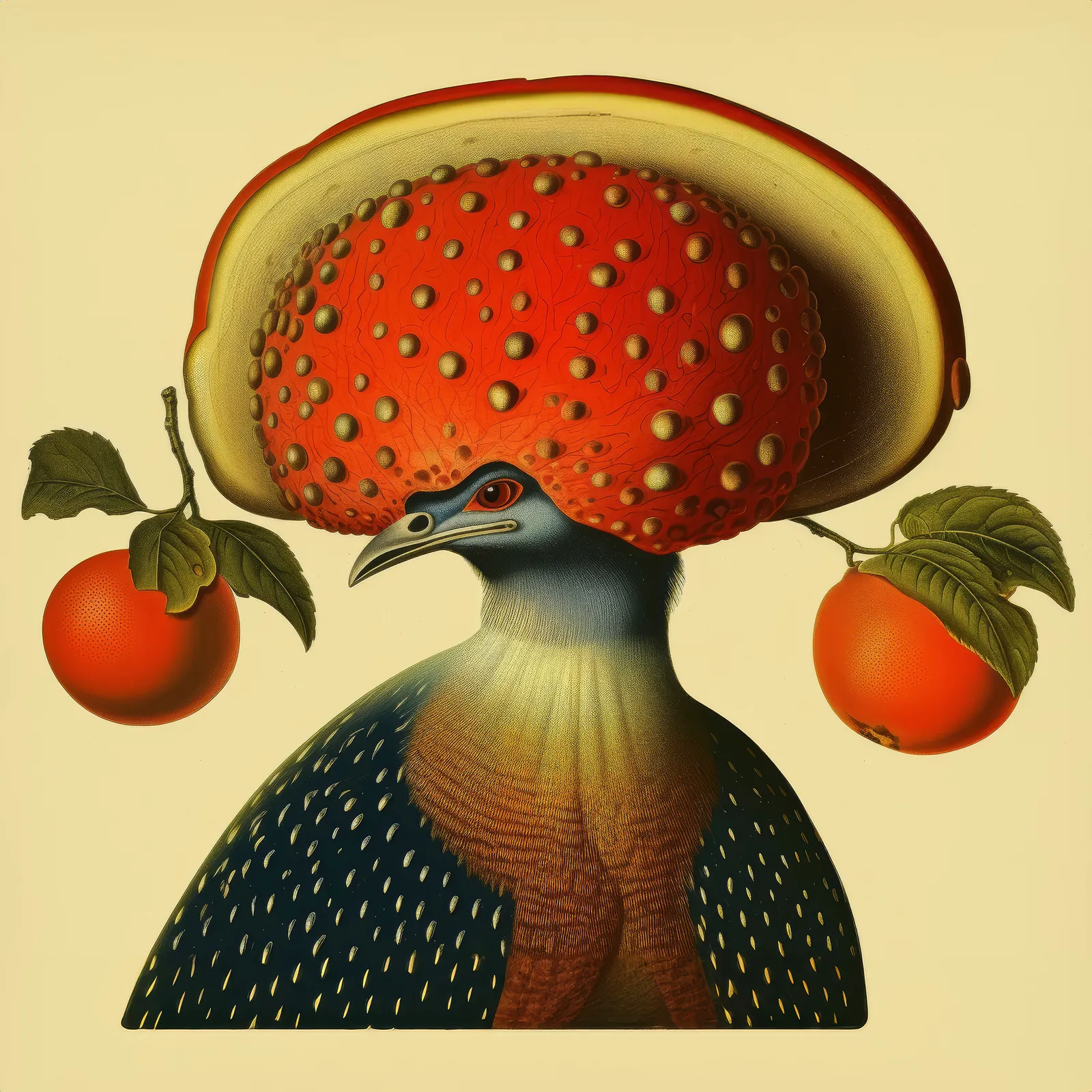 A surreal image of a bird with a red mushroom hat