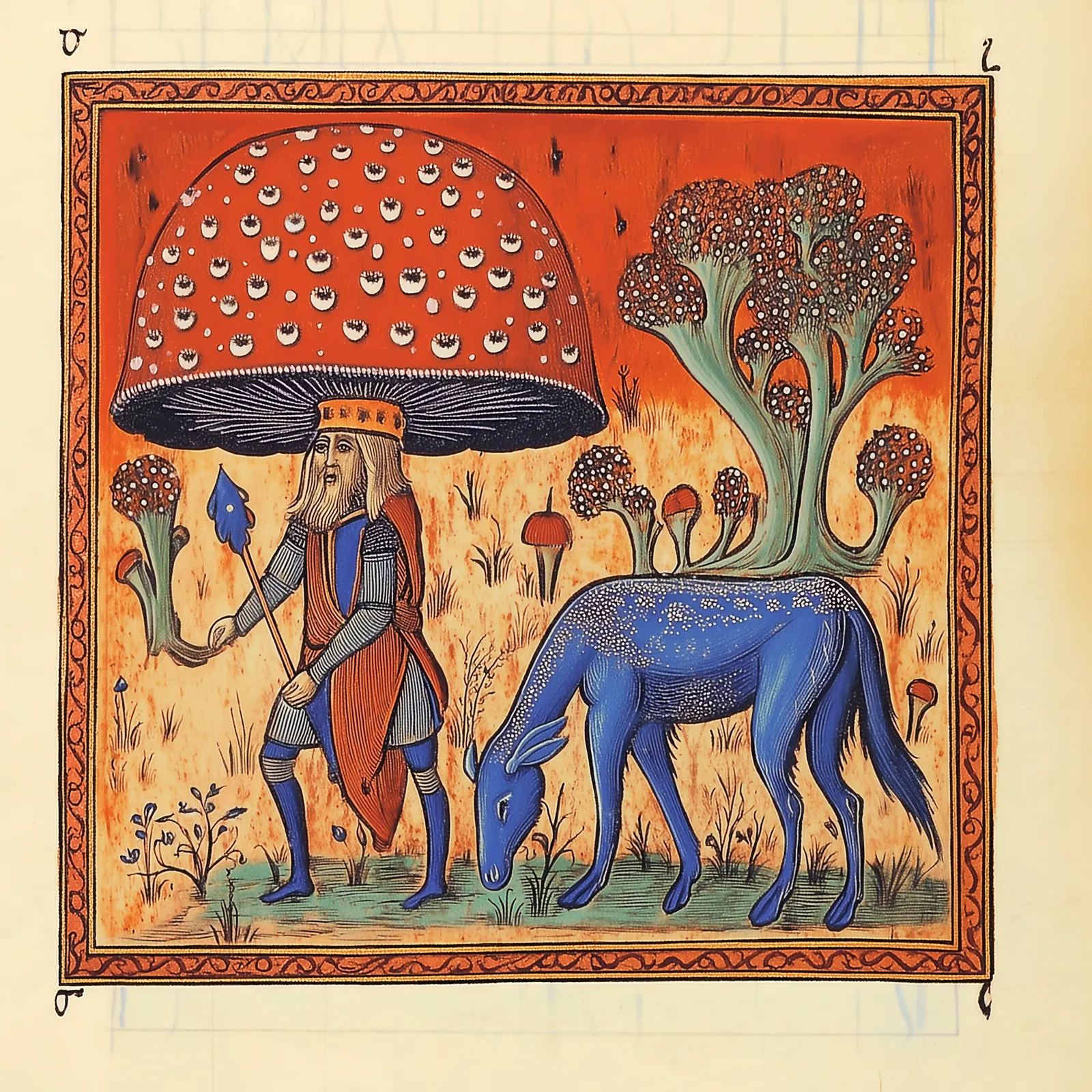 A surreal image of a king with a giant red mushroom head leading a blue horse