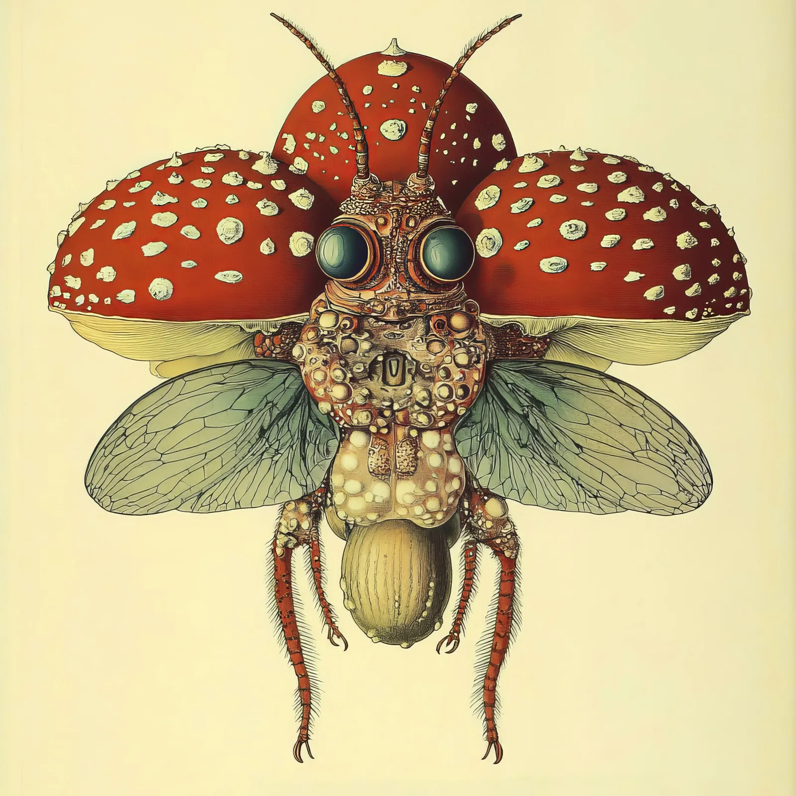 A surreal image of a fly with a mushroom head