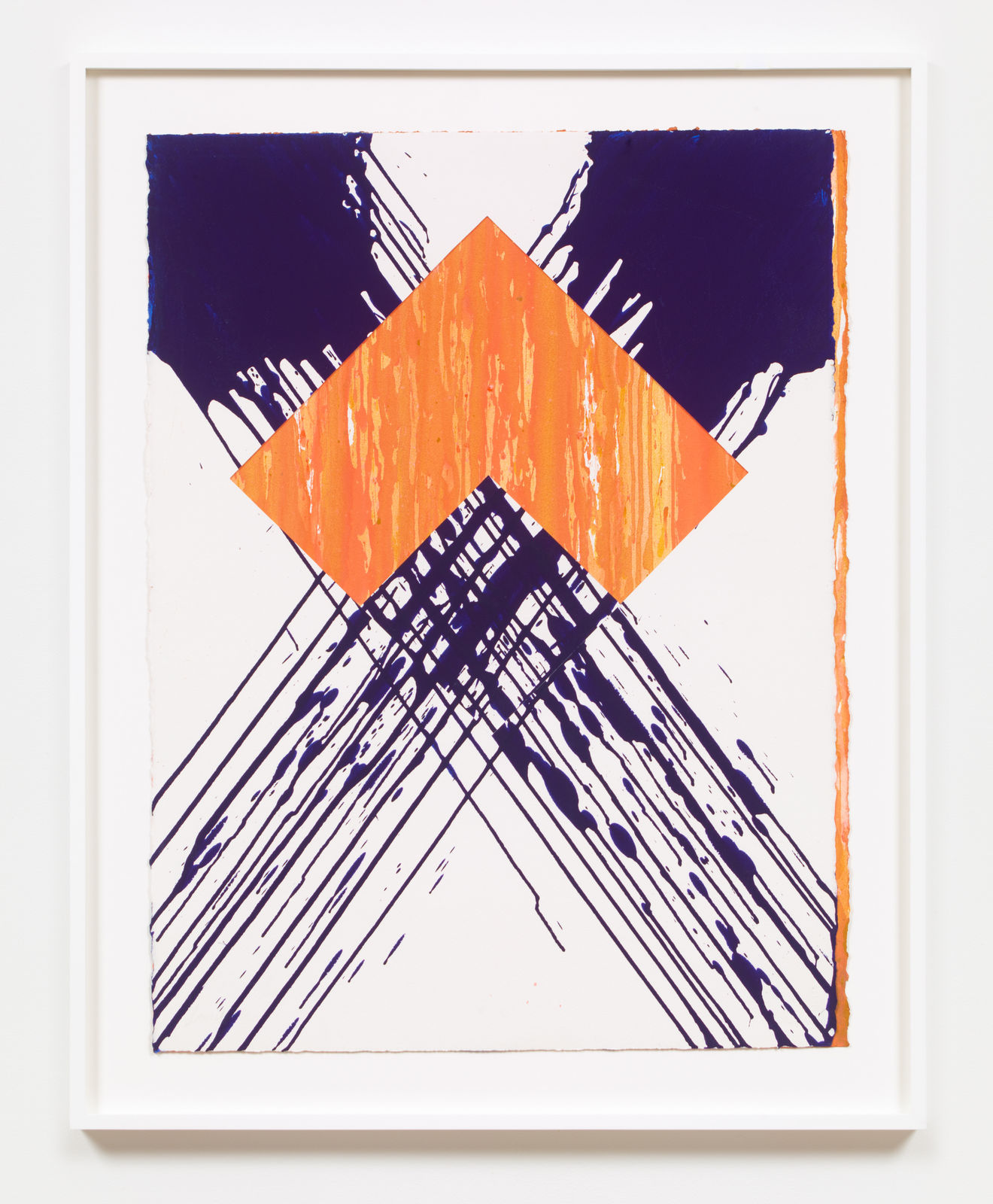 White canvas painting with crossing purple that fades into strokes and bright orange at the intersecting point