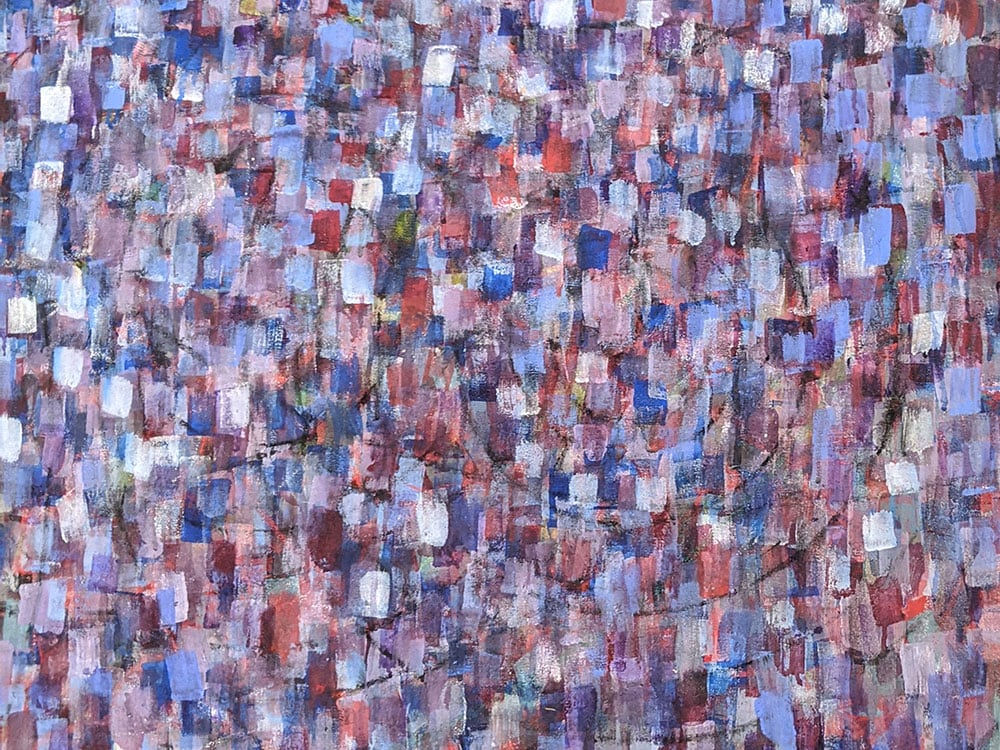 Detail of Acrylic and mixed media on canvas in an abstract expressionist mode of thousands of multicolored, primarily blue, small vertical marks