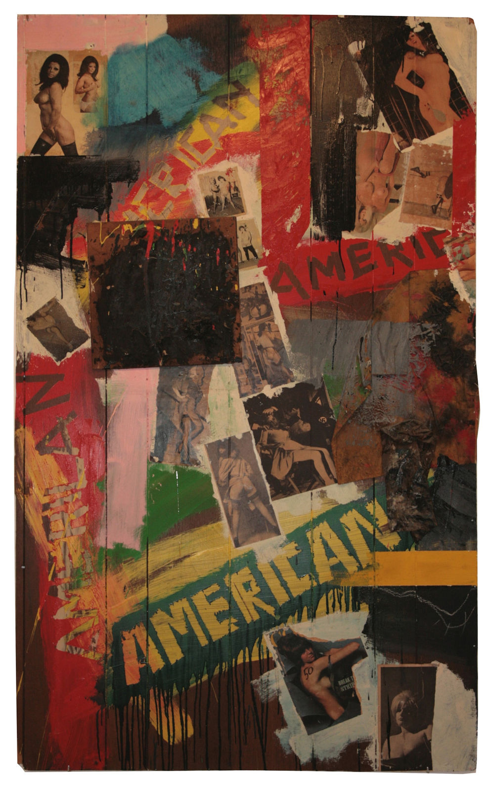 Collage of torn images, swaths of paint, and the word 'American' repeated in a haphazard manner