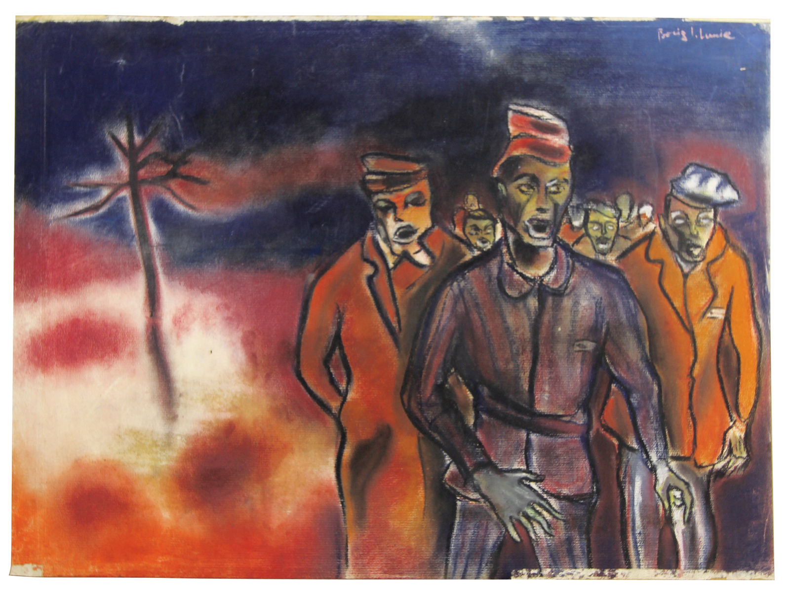 Expressive pastel drawing of prisoners with sickly skin tones against a background of explosive reds and deep blue