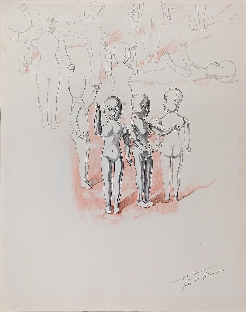 Seemingly unfinished pencil drawing on paper of a cluster of eerily upright dolls