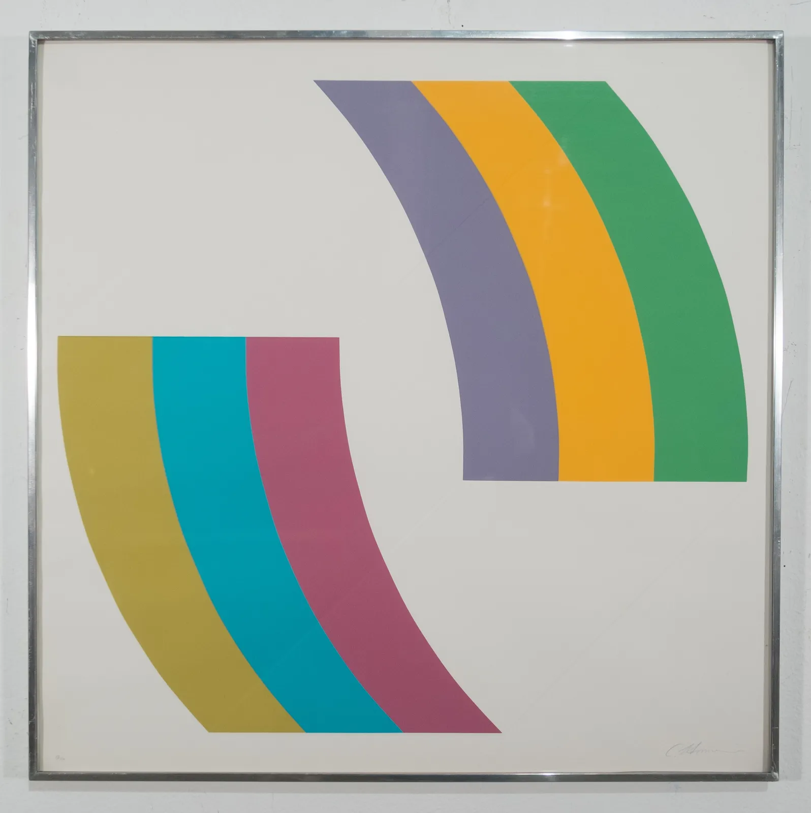 Print of two curve sections made from 3 color strips, on the bottom left: lime, blue, and rose. On the top right: lavender, yellow, green