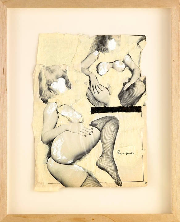Framed collage on paper of two pin-up nudes with lace stockings, painted and scratched over, no faces visible