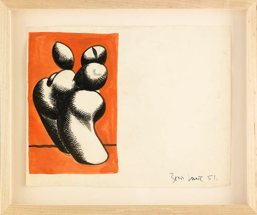 Framed artwork in colored inks of an organic shape on orange background