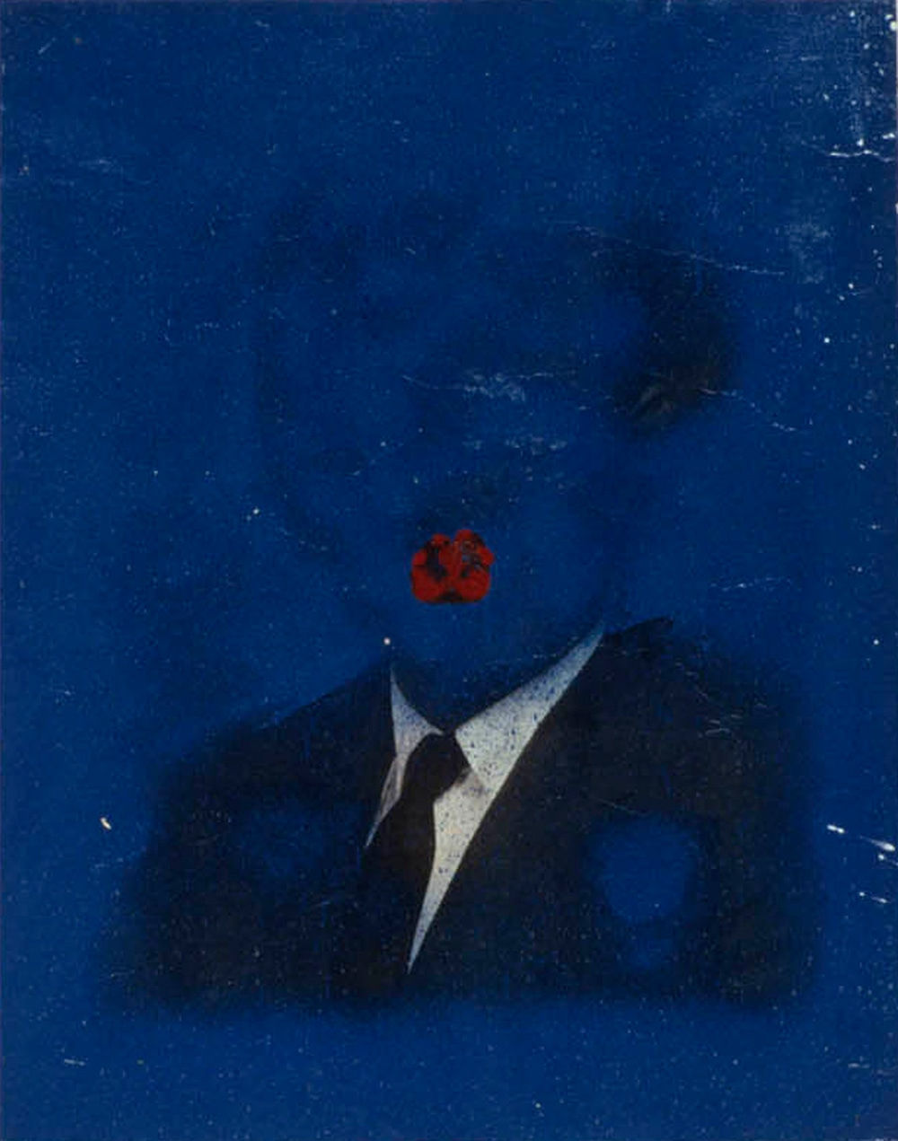 Painting of male bust portrait in suit and tie overpainted with blue with a red kiss mark on the mouth