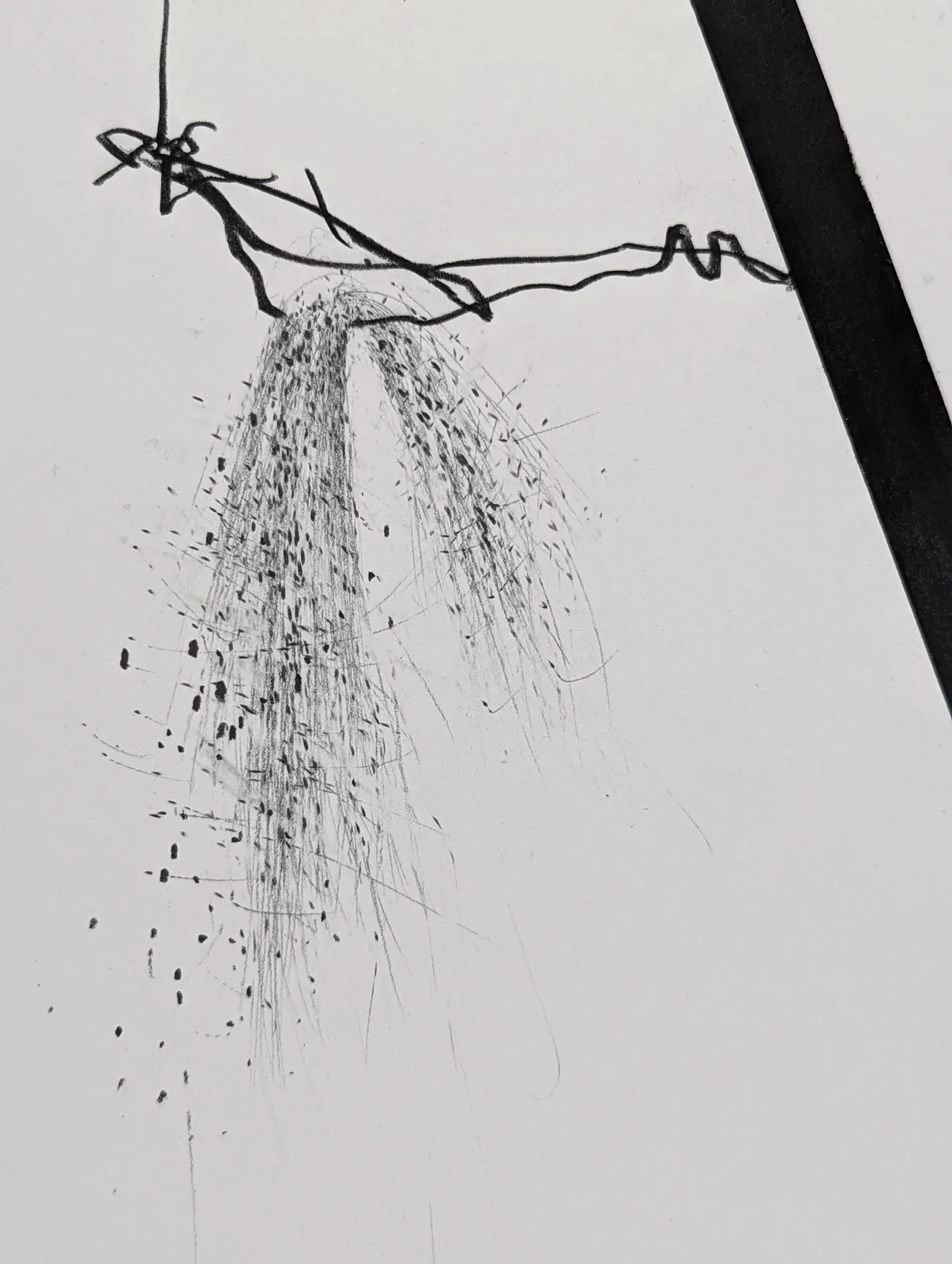 Detail of Graphite on paper drawing of a slanted form with two central harsh and detailed figures.