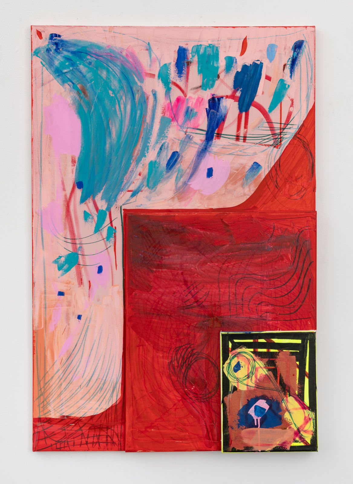 Three canvases stacked. The bottom canvas is painted a light pink with shades of blue strokes flicking upwards. The middle canvas is painted a deep red with darker finer swirled strokes. The top canvas is a black and yellow square with layered shapes of brown, blue and yellow.