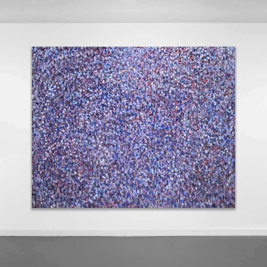 Acrylic and mixed media on canvas in an abstract expressionist mode of thousands of multicolored, primarily blue, small vertical marks