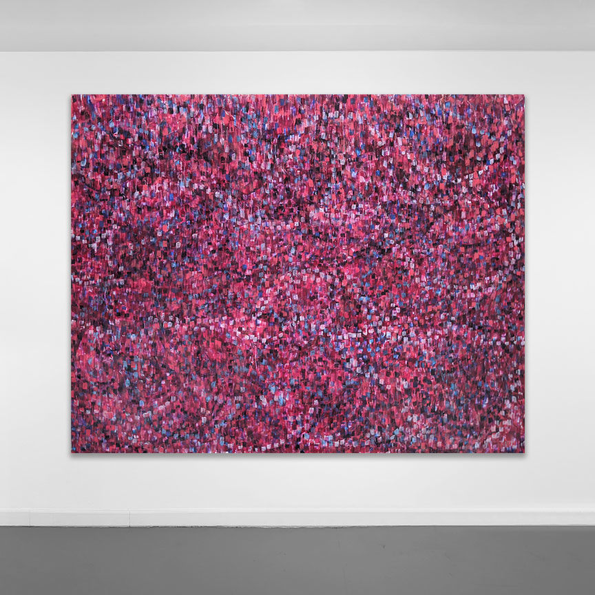 Acrylic and mixed media on canvas in an abstract expressionist mode of countless multicolored, primarily purple, small marks