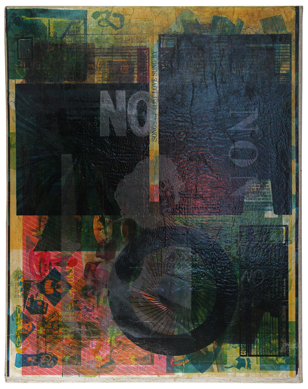 Pinups collaged with newspaper cuttings on blue background and the word “NO” painted on top multiple times