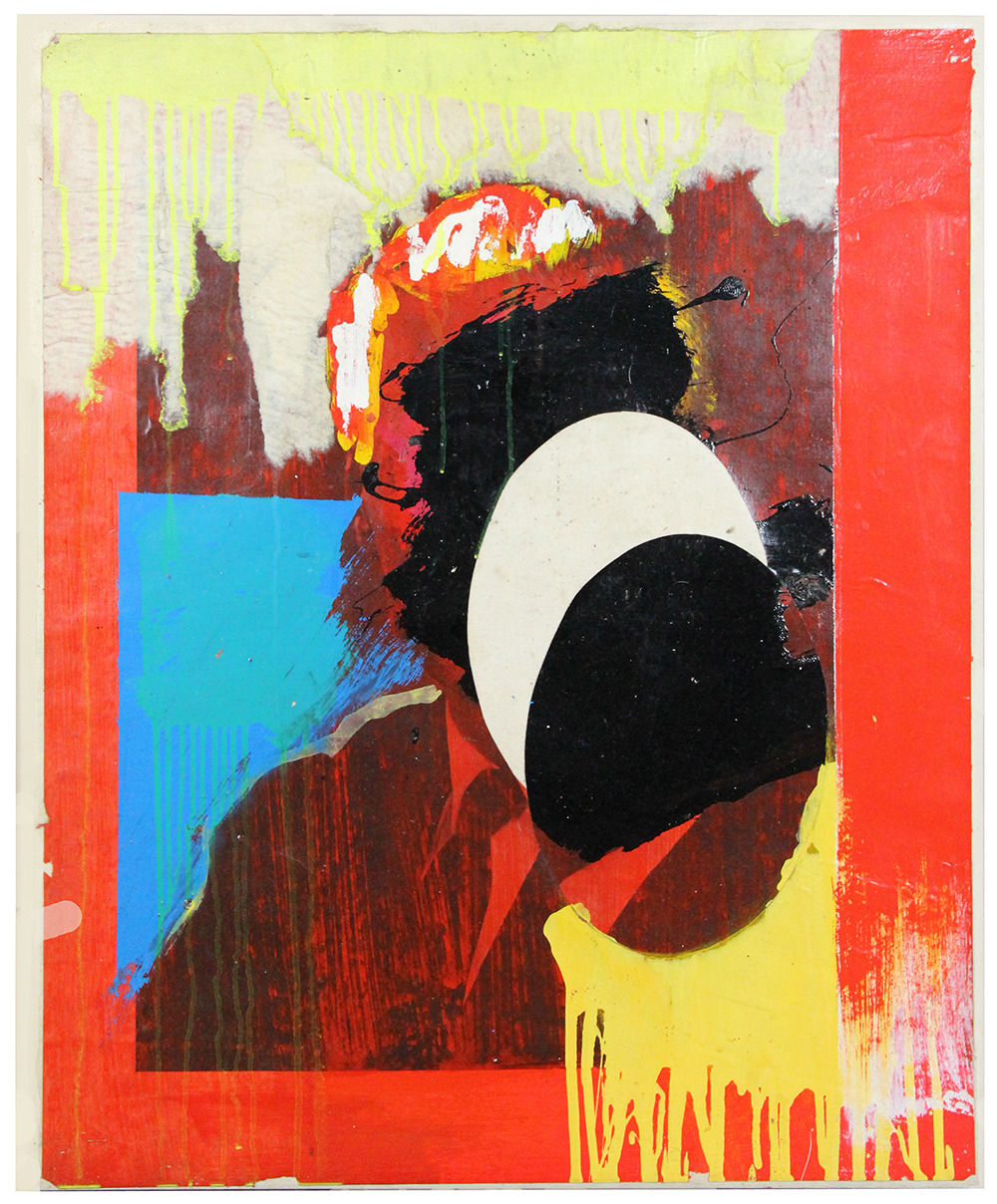 Semi-abstract painting of a bust figure, red, blue, yellow background