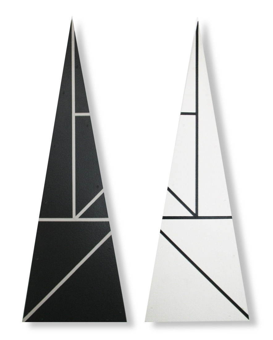 Two acrylic paintings on masonite in the form of two narrow triangles mirroring one another, one black and the other white, each with lines which also mirror one another