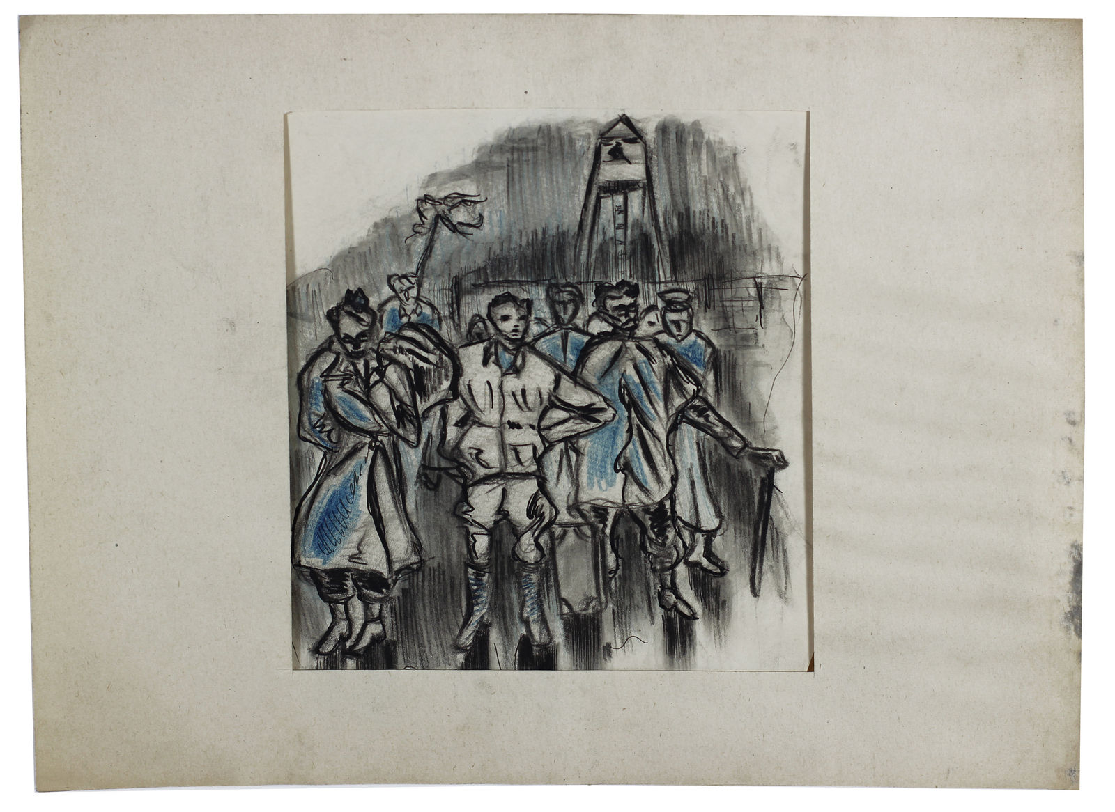 Drawing of figures in black ink, shaded darkly in black and blue crayon