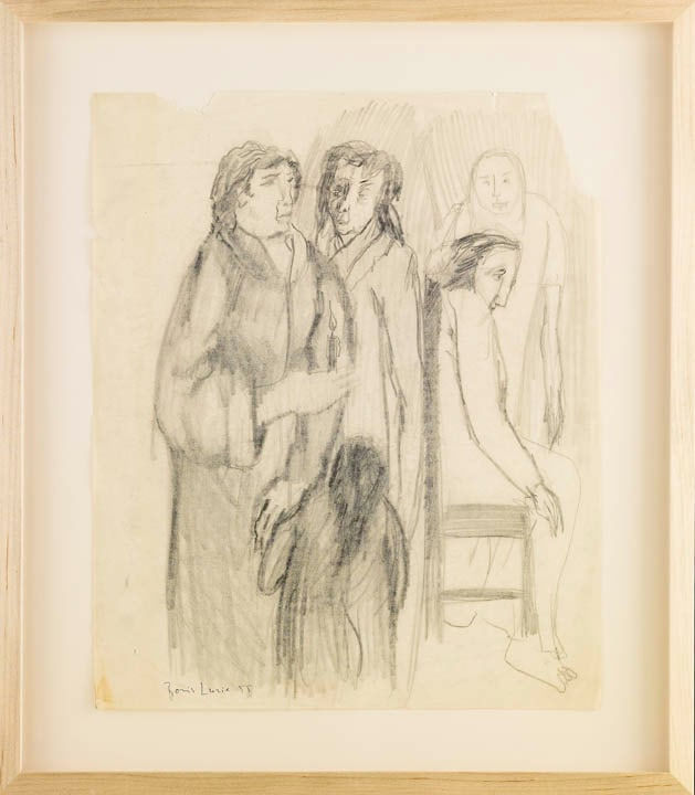 Framed pencil drawing on yellowed paper of a four adult silhouettes of various ages (one seated) and a child