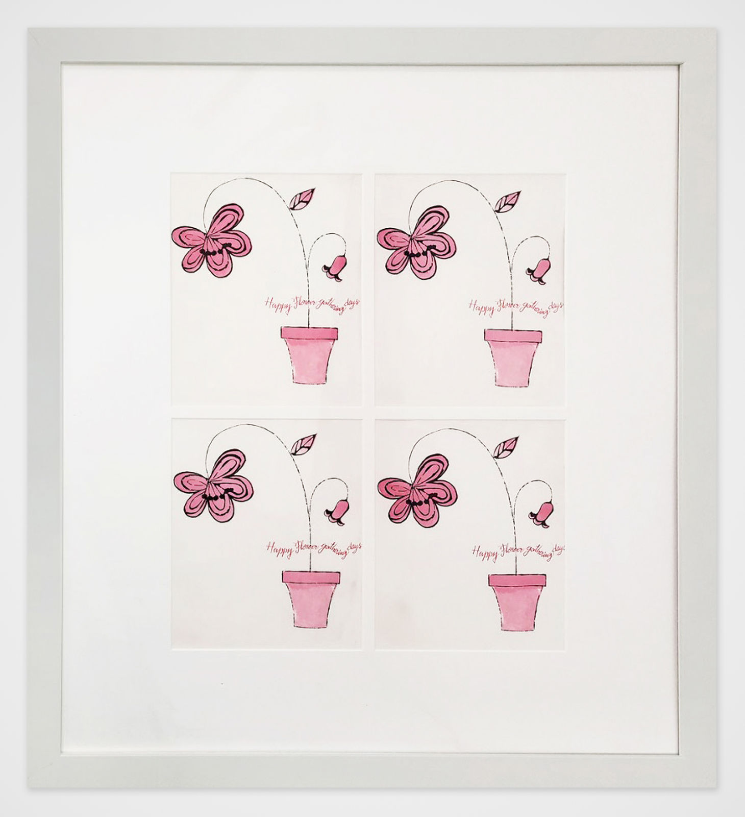 White framed lithograph in four quadrants each with a pink flower in a pink pot
