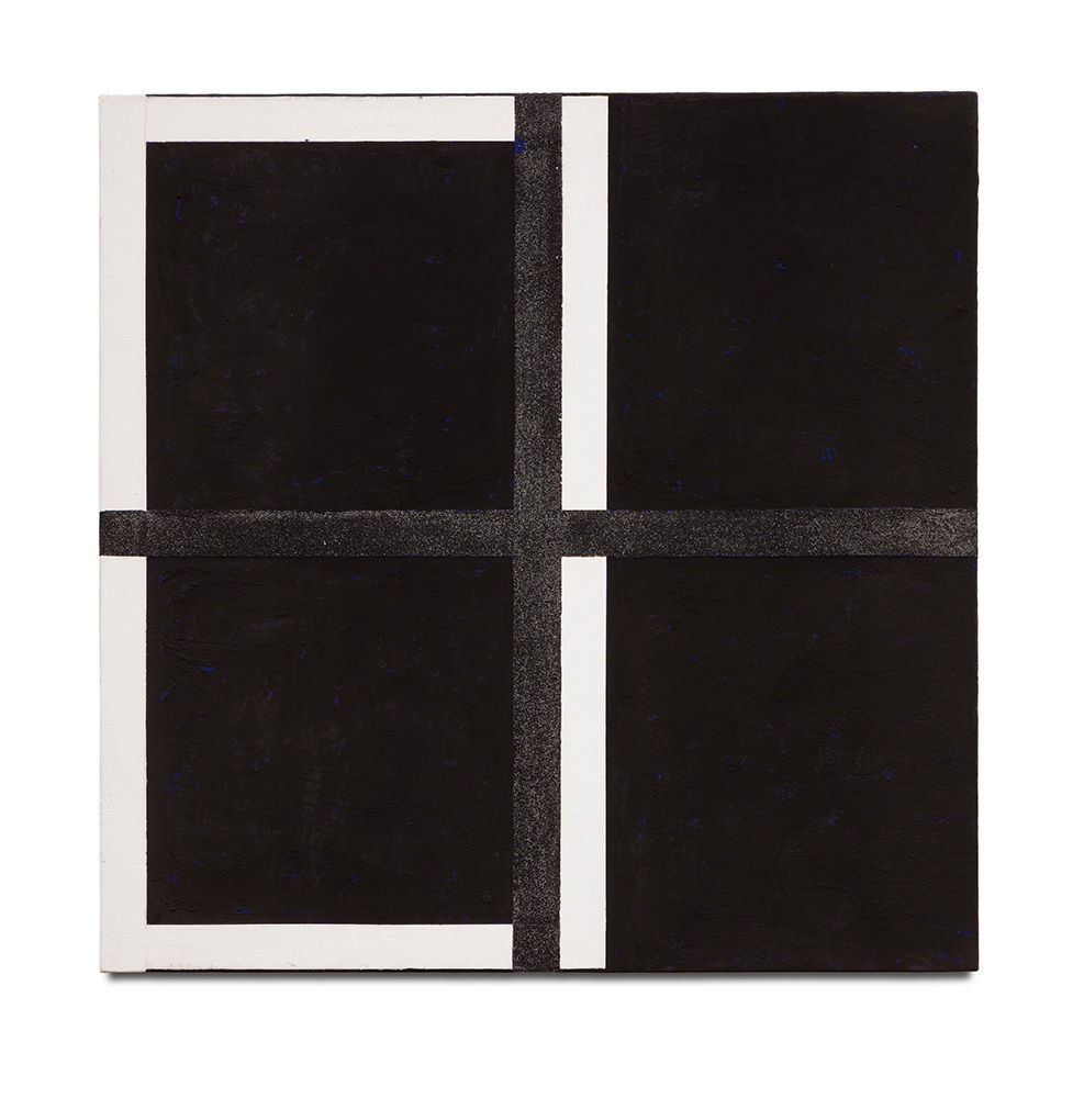 A square canvas is covered in black acrylic paint and divided into four equal parts by a black cross consisting of paint and crushed glass. One white lines run vertically down the center of the canvas and another runs along the left upper and lower halves and left edge.