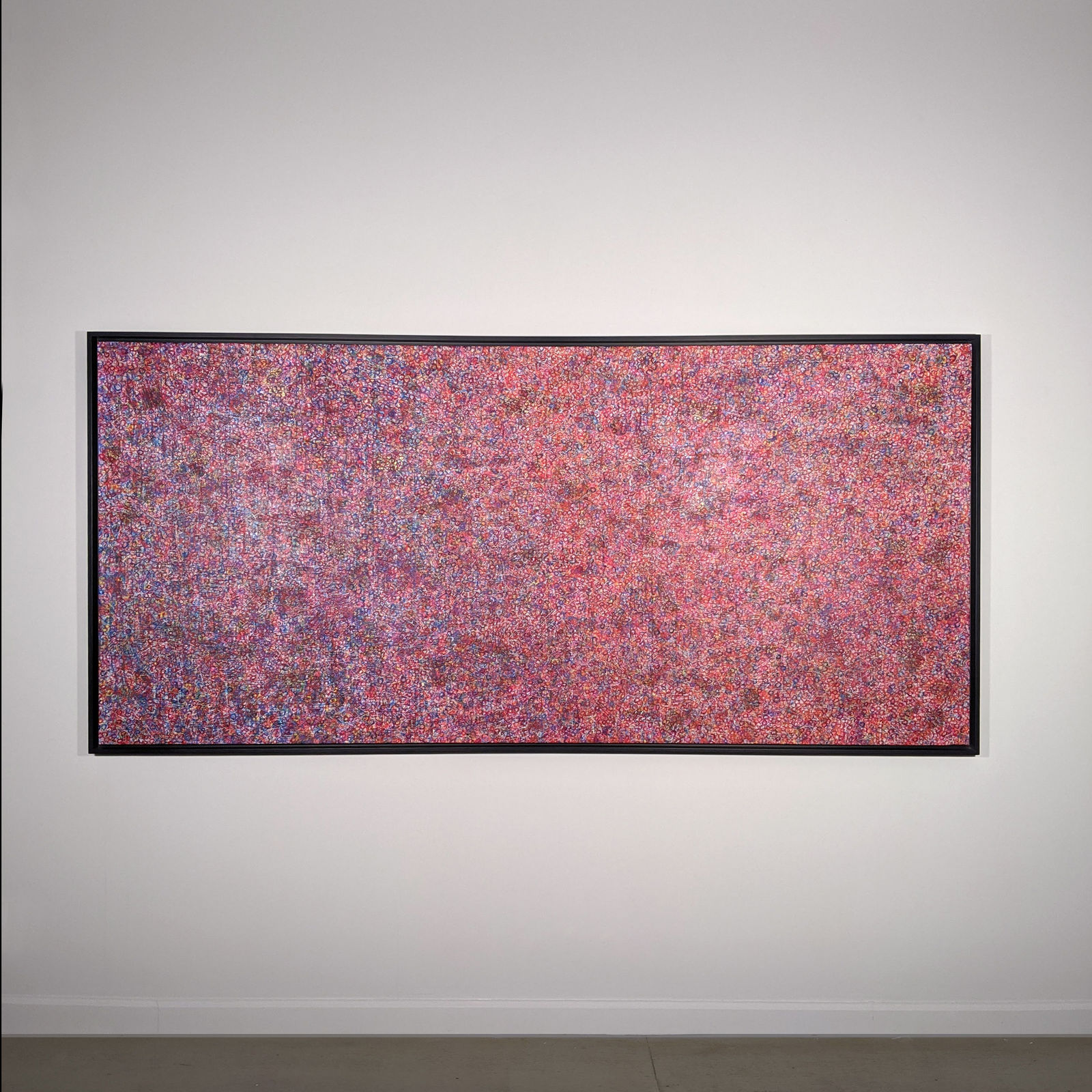 Acrylic and mixed media on canvas in an abstract expressionist mode of thousands of multicolored, primarily purple, small rings creating a sense of cosmic depth