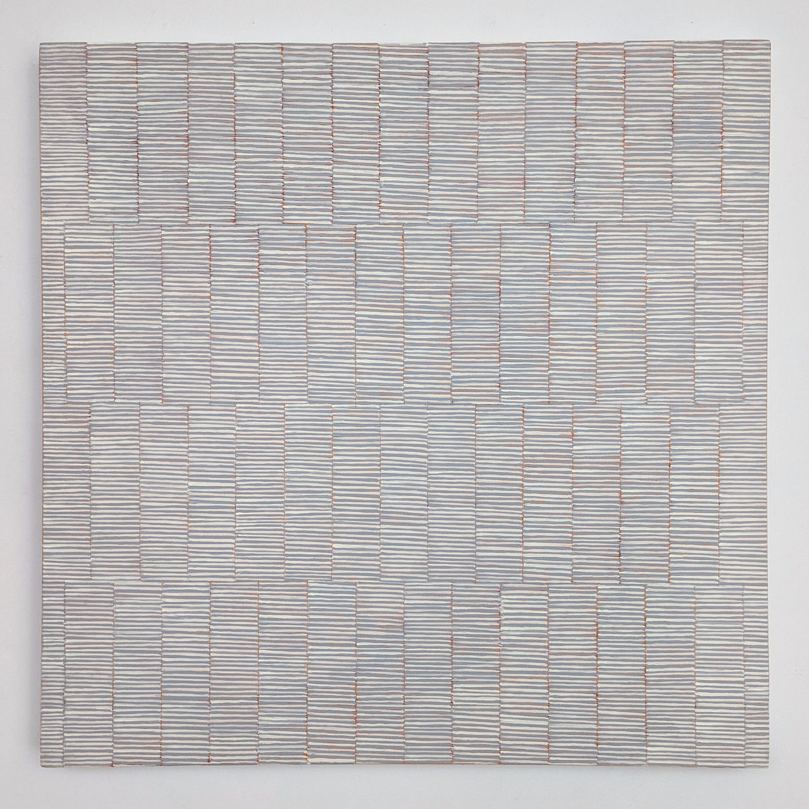 Oil on canvas painting of sectioned small colorful lines.