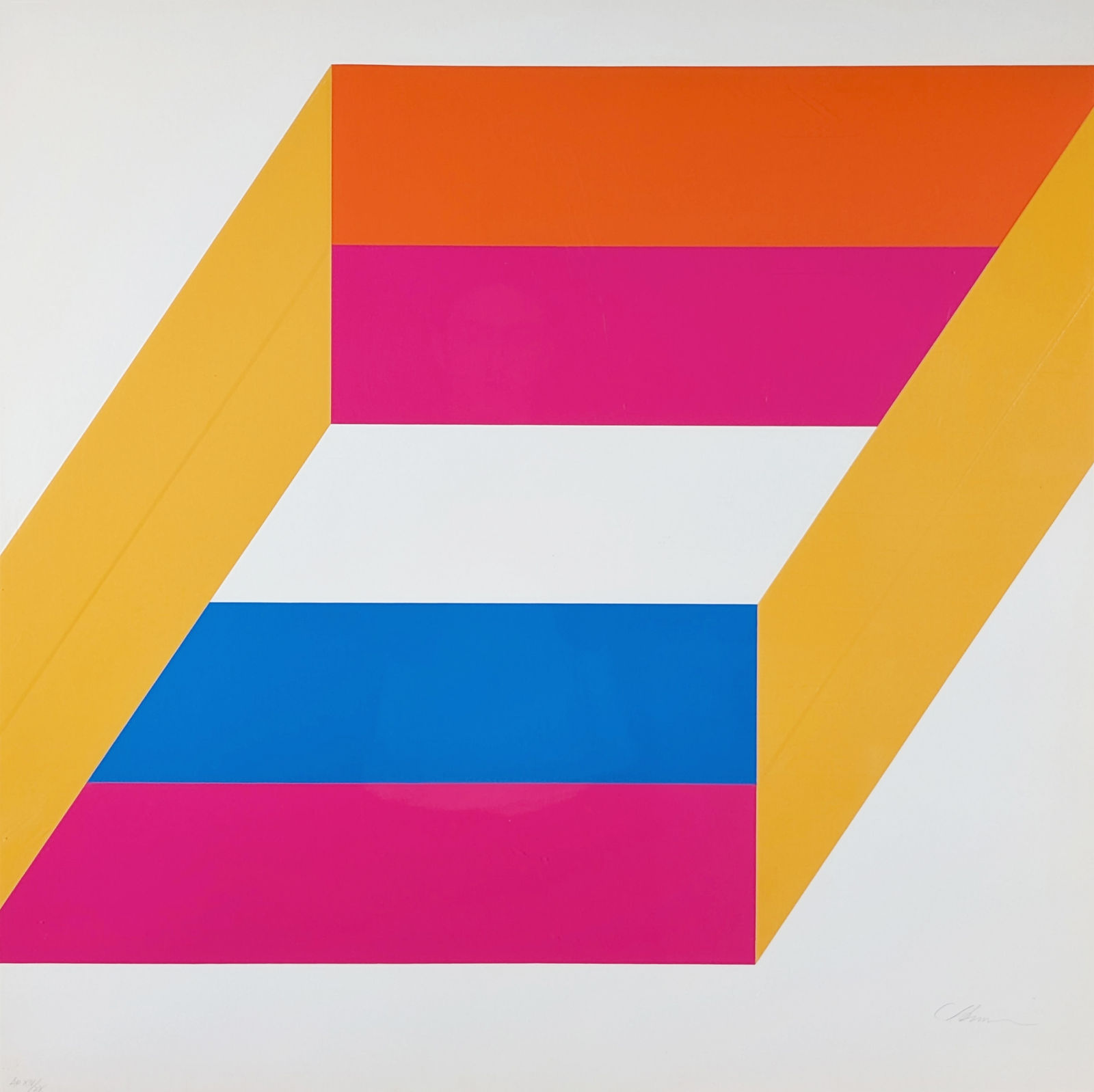 A minimalist print by Charles Hinman consisting of six quadrilaterals of various bright colors against a white paper background